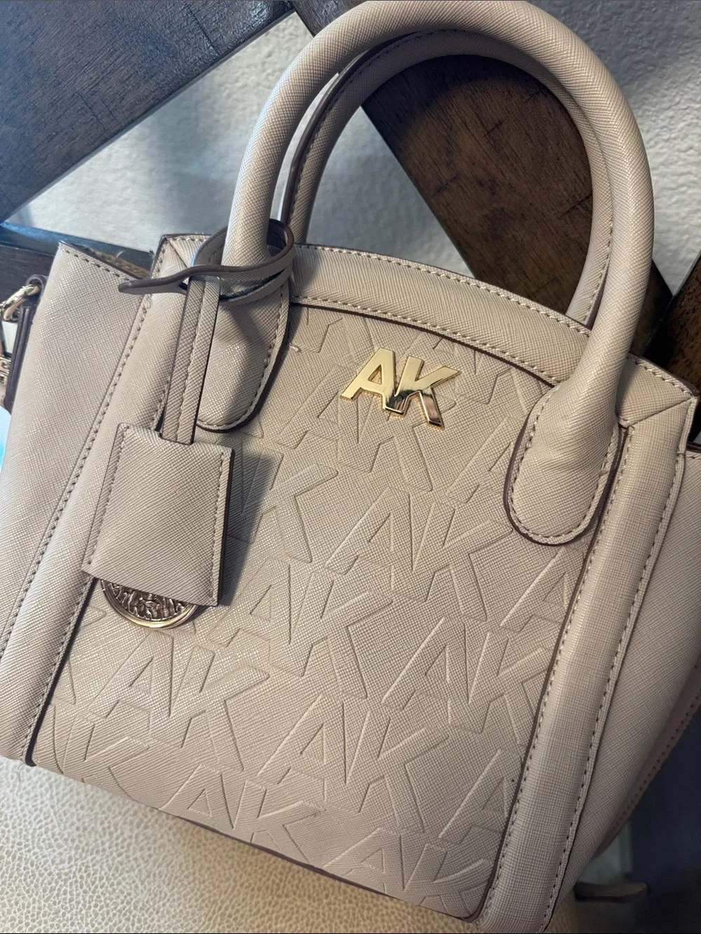 Anne Klein Light Tan Logo-Embossed Satchel with Gold Hardware